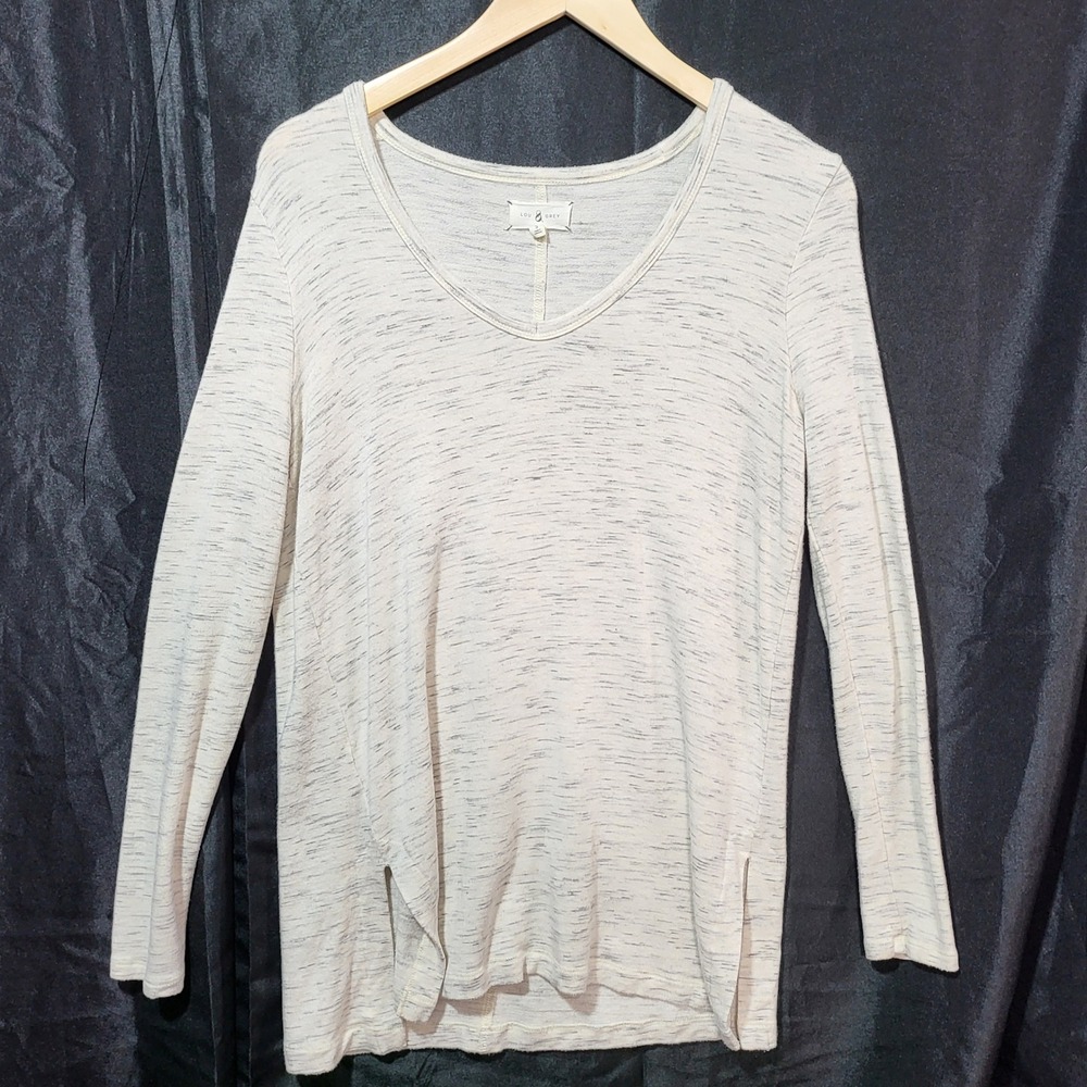 Lou & Grey Womens Space Dye V-Neck Long Sleeve Top Cream Gray Small‎ 413058